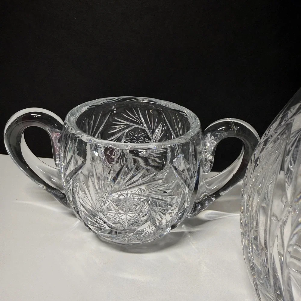 American Brilliant Vintage Pinwheel Cut Crystal Decanter Set Creamer Sugar Bowl